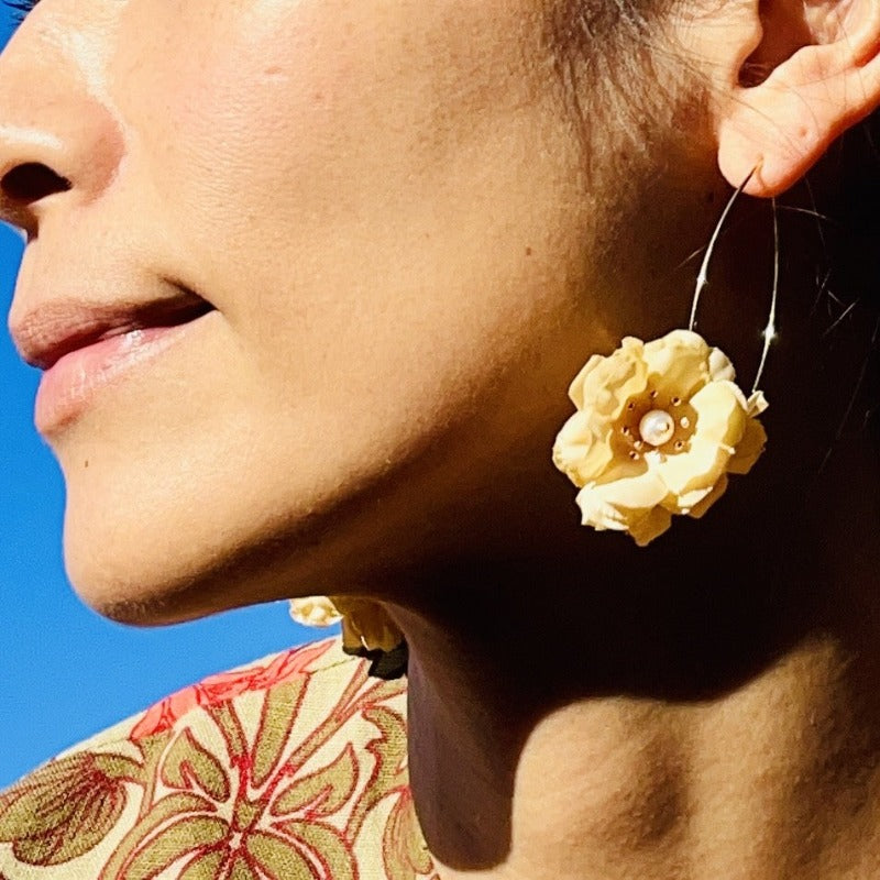 Yellow flower earrings,Romantic silky flower earrings, Best Wedding earrings. Best Party earrings. Boho style wedding earrings. Best earrings for Melbourne Cup. Best Bridal earrings. Best Party earrings. Best flower earrings. Best teacher’s gift idea. Best birthday gift for mum. Best Christmas gift for her. Light weighted earrings