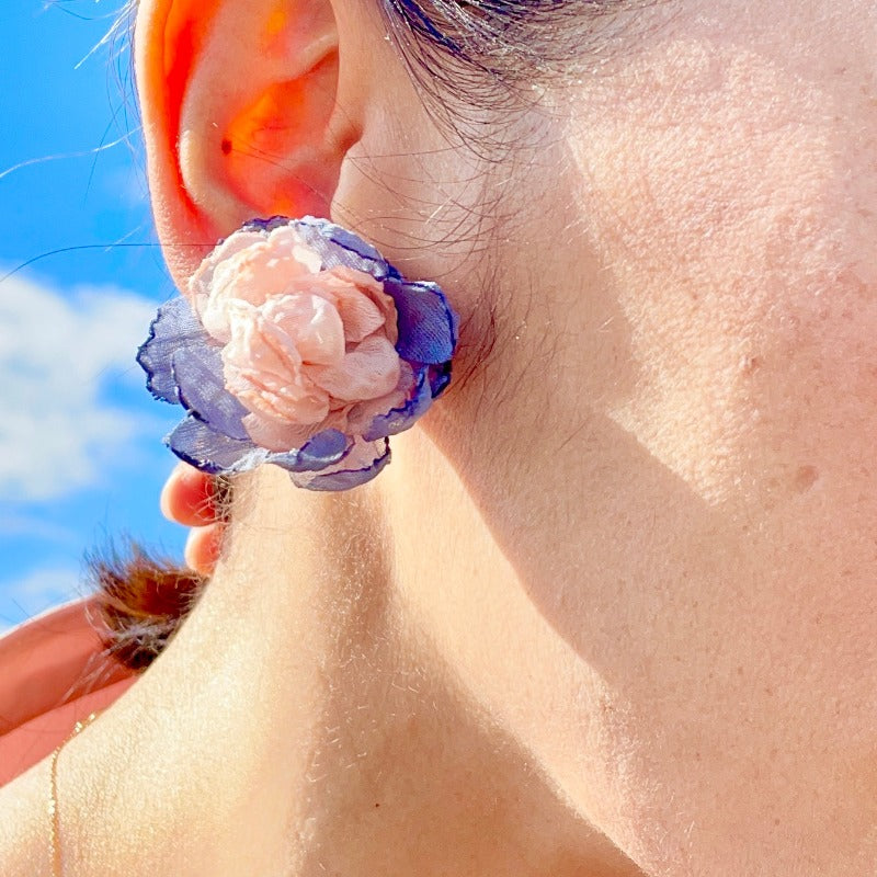 Best clip on earrings, Pink earrings, Navy earrings, Best Flower Earrings. Airy light silky flower earrings. Best gifts for her. Best gifts for mum. Best anniversary gift for her. Best anniversary gift for wife. Best birthday gift for her. Best valentine’s gift for wife. Best Christmas gift for her. Best Christmas gift for teacher. Beautiful flower earrings. Comfortable earrings. Wedding earrings. Boho style earrings.