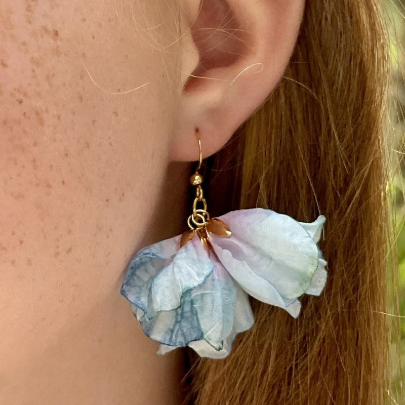 Romantic silky flower earrings, Best Wedding earrings. Best Party earrings. Boho style wedding earrings. Best earrings for Melbourne Cup. Best Bridal earrings. Best Party earrings. Best flower earrings. Best teacher’s gift idea. Best birthday gift for mum. Best Christmas gift for her. Light weighted earrings.