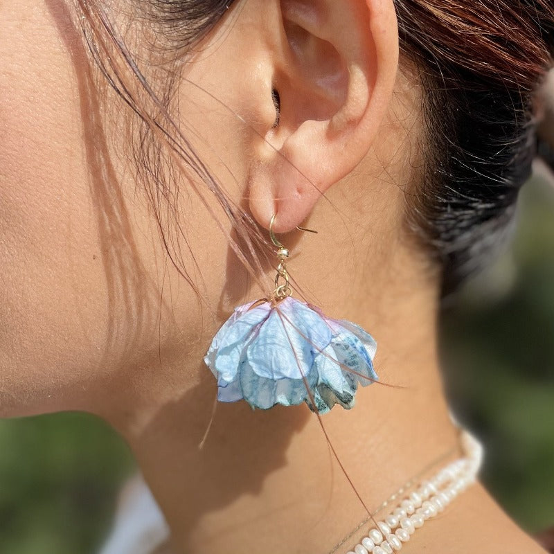 Romantic silky flower earrings, Best Wedding earrings. Best Party earrings. Boho style wedding earrings. Best earrings for Melbourne Cup. Best Bridal earrings. Best Party earrings. Best flower earrings. Best teacher’s gift idea. Best birthday gift for mum. Best Christmas gift for her. Light weighted earrings.