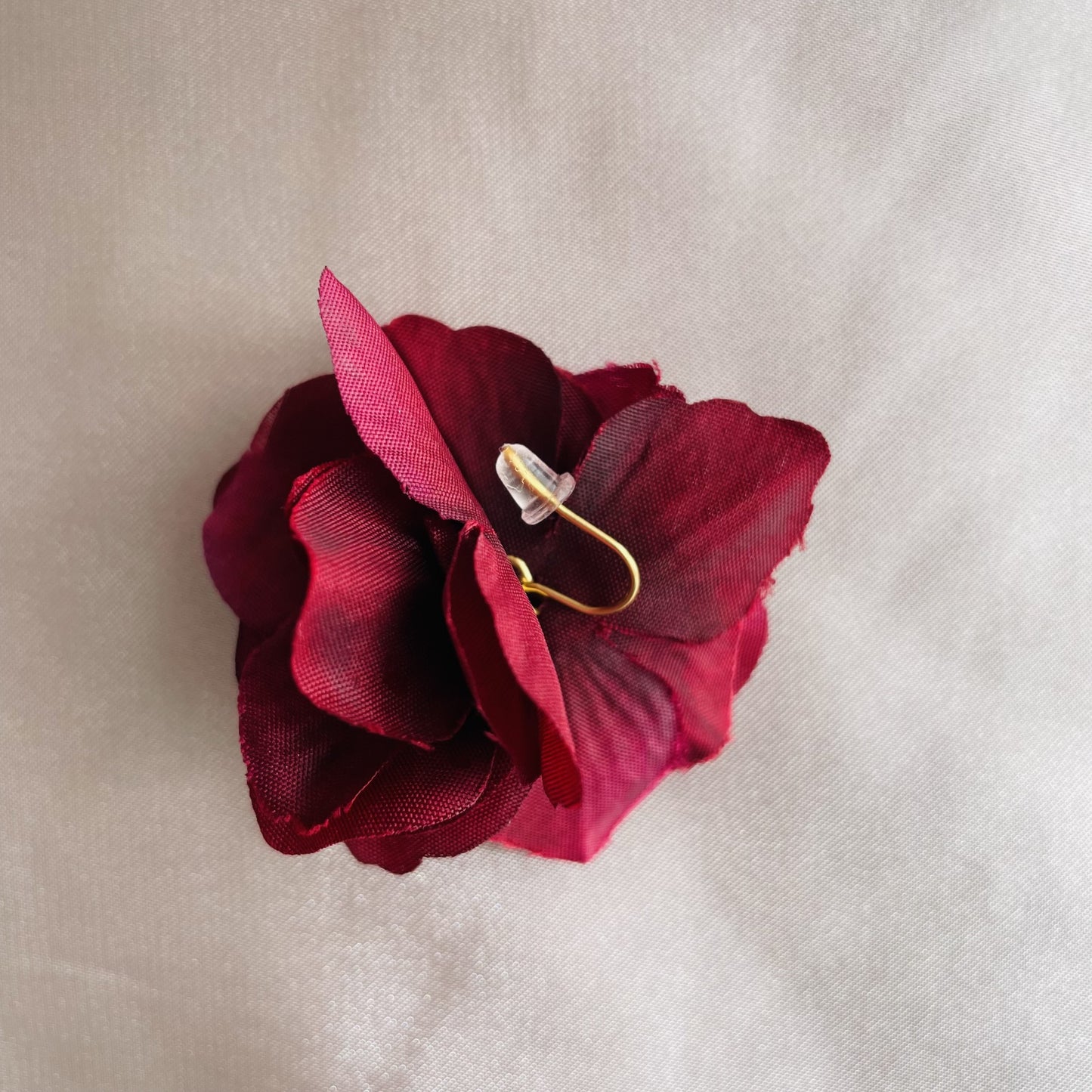 Wine Red Silk Flower Hook Earrings