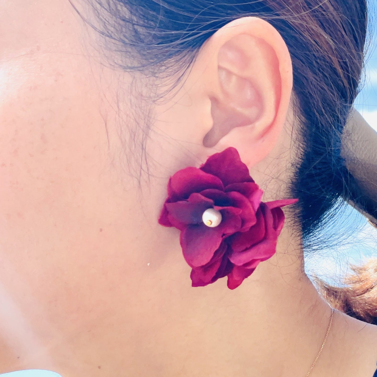 Wine Red Silk Flower Hook Earrings